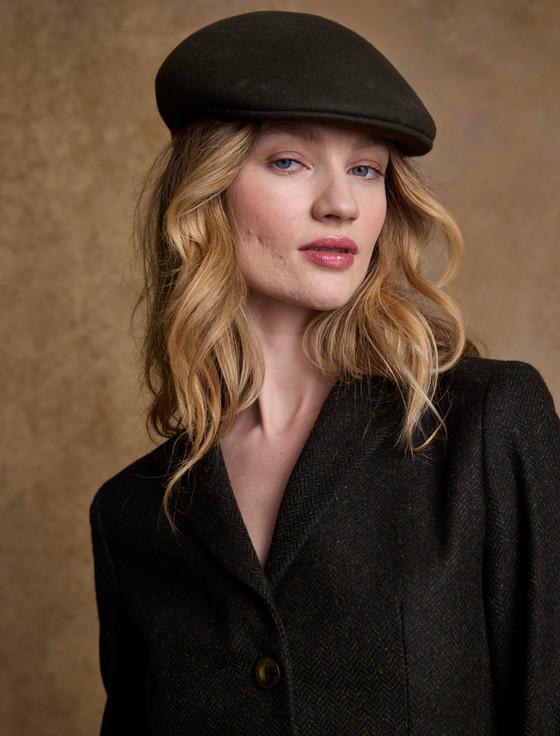 Aran Cashmere Ladies Galway Felt Flat Cap - Olive