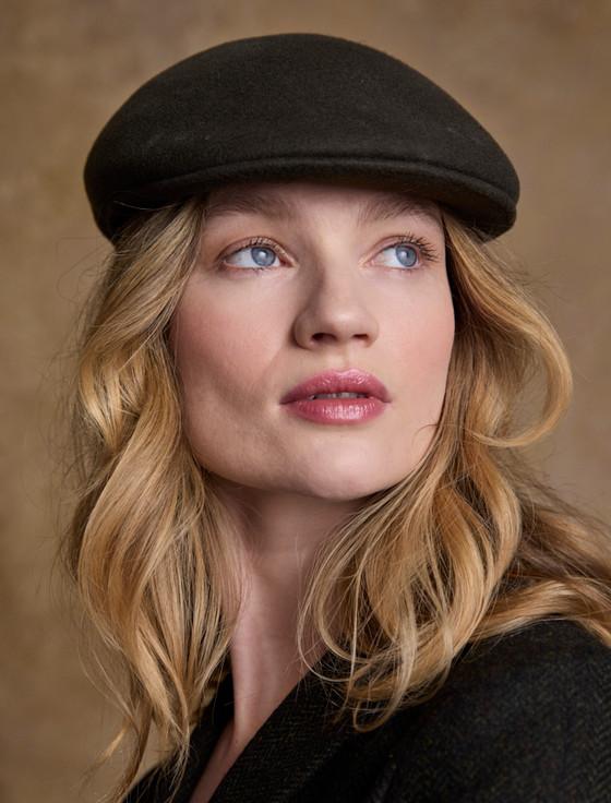Aran Cashmere Ladies Galway Felt Flat Cap - Olive