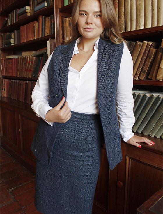 aran cashmere Ladies Irish Blue Tweed Gilet