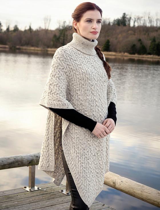 Aran Cashmere Ladies Merino Aran Roll Neck Poncho