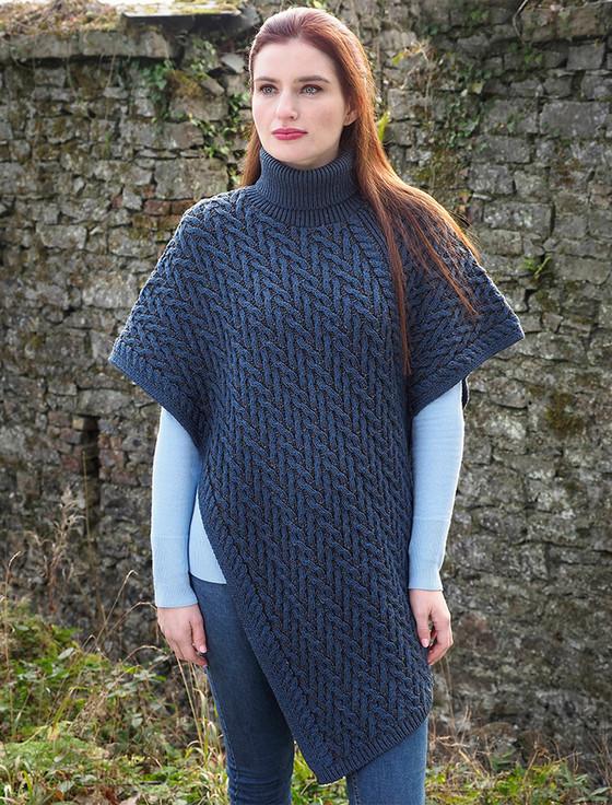 Aran Cashmere Ladies Merino Aran Roll Neck Poncho