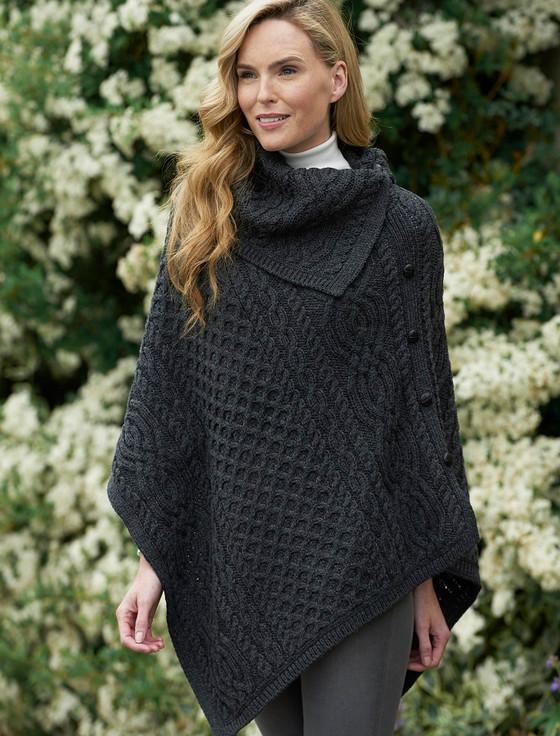 Aran Cashmere Ladies Merino Button Poncho‎