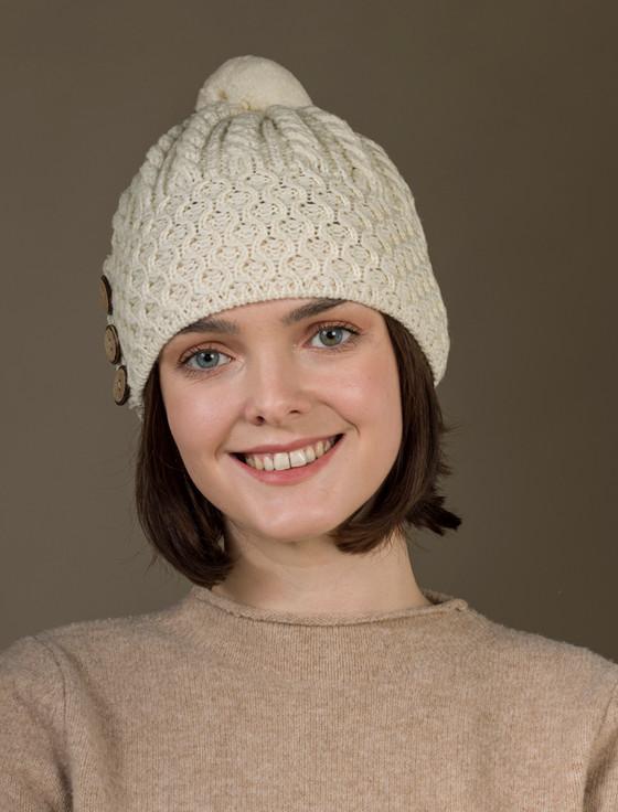Aran Cashmere ‎Ladies Merino H‎oneycomb Pom Pom Hat