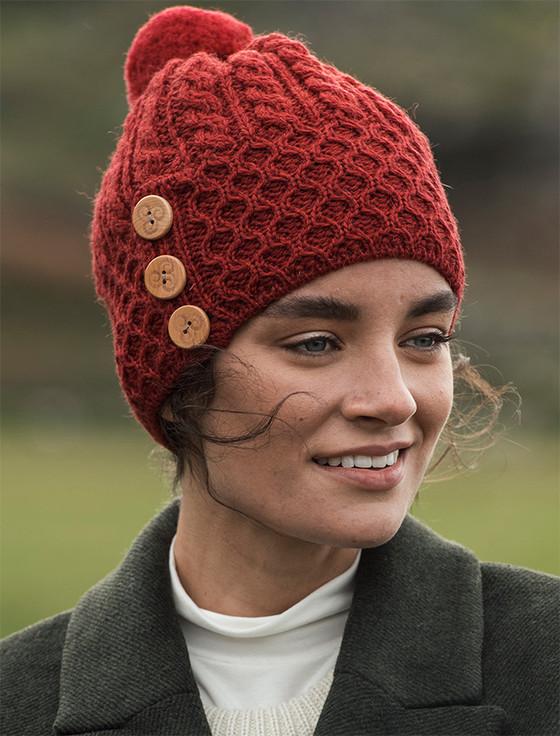 Aran Cashmere Ladies Merino Honeycomb Pom Pom Hat