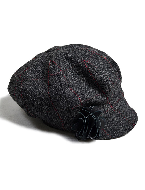 Aran Cashmere Ladies Newsboy Hat - Charcoal With Red