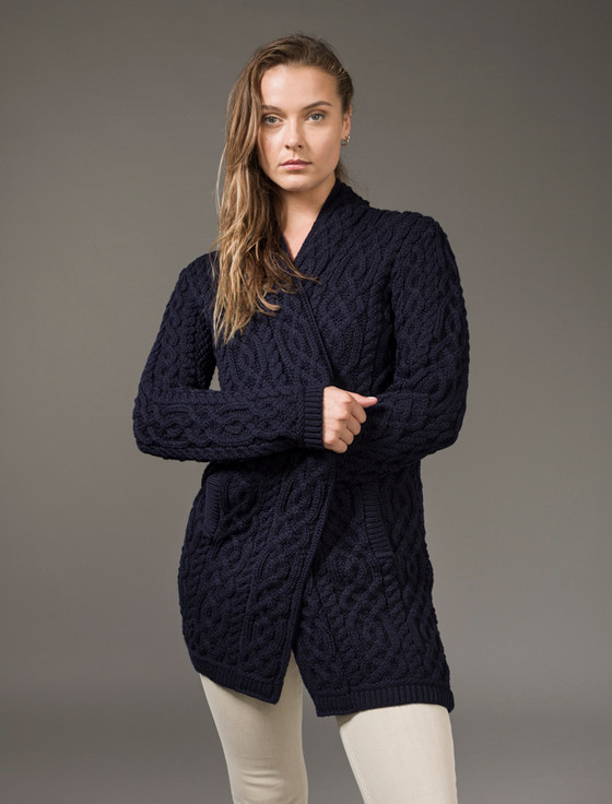 Aran Cashmere Ladies Plated Aran Cable Knit Coat