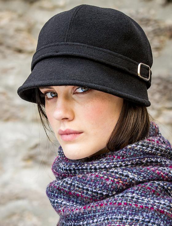 Aran Cashmere Ladies Tweed Flapper Cap - Black