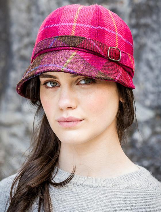 Aran Cashmere Ladies Tweed Flapper Cap - Pink Plaid