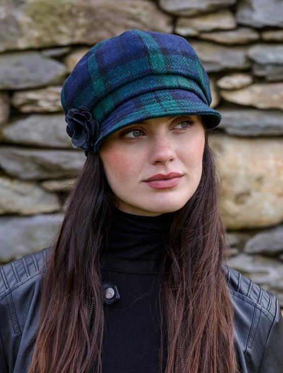 Aran Cashmere Ladies Tweed Newsboy Hat - Blackwatch