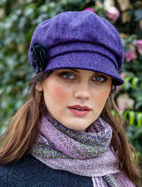 Aran Cashmere Ladies Tweed Newsboy Hat - Dark Purple