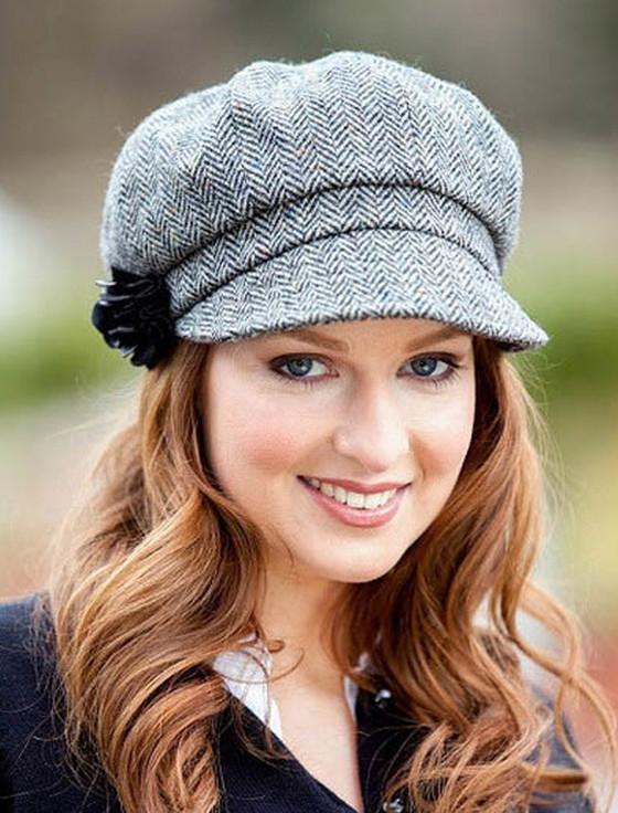 Aran Cashmere Ladies Tweed Newsboy Hat - Grey