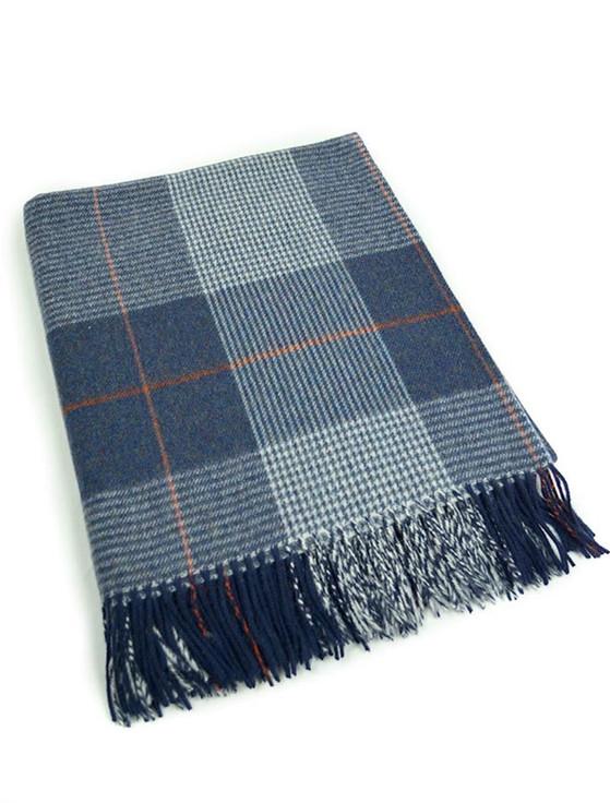 aran cashmere Lambswool Plaid Throw - Navy Grey