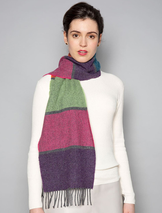 aran cashmere Lambswool Scarf - Fuchsia Purple & Green