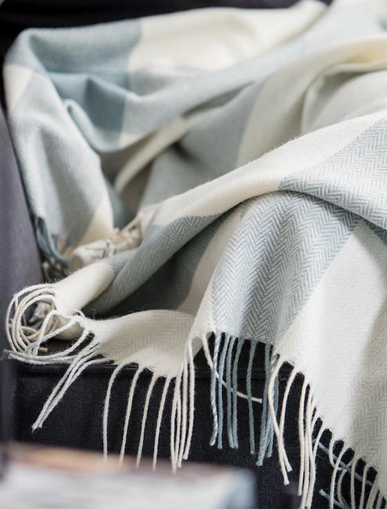 Aran Cashmere Lambswool Throw - Aqua Block Twill