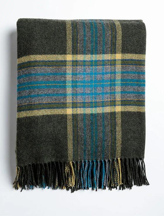 Aran Cashmere Lambswool Throw - Army & Blue Check