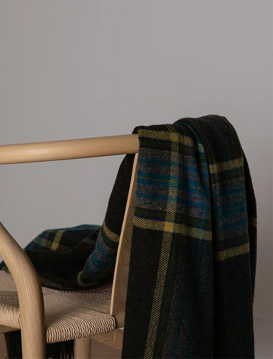 Aran Cashmere Lambswool Throw - Army & Blue Check