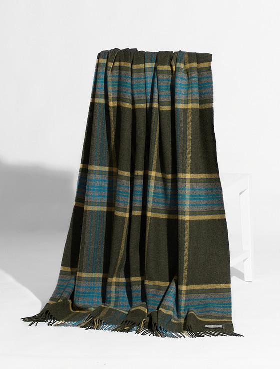 aran cashmere Lambswool Throw - Army & Blue Check