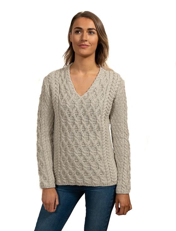 Aran Cashmere Lattice Cable V Neck Sweater