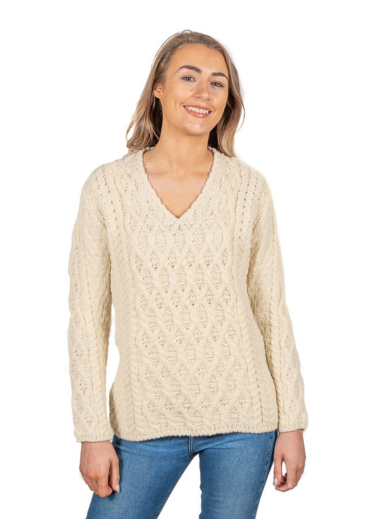 Aran Cashmere Lattice Cable V Neck Sweater