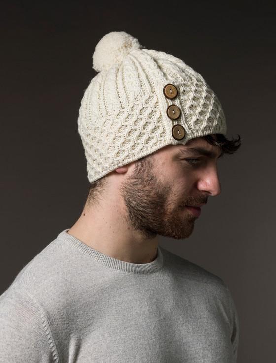 Aran Cashmere M‎en's Merino Honeycomb Pom Pom Hat‎