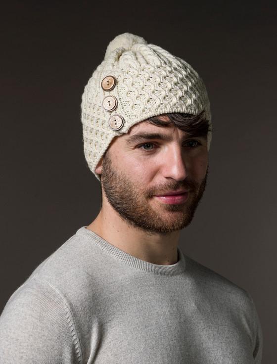 aran cashmere M‎en's Merino Honeycomb Pom Pom Hat‎