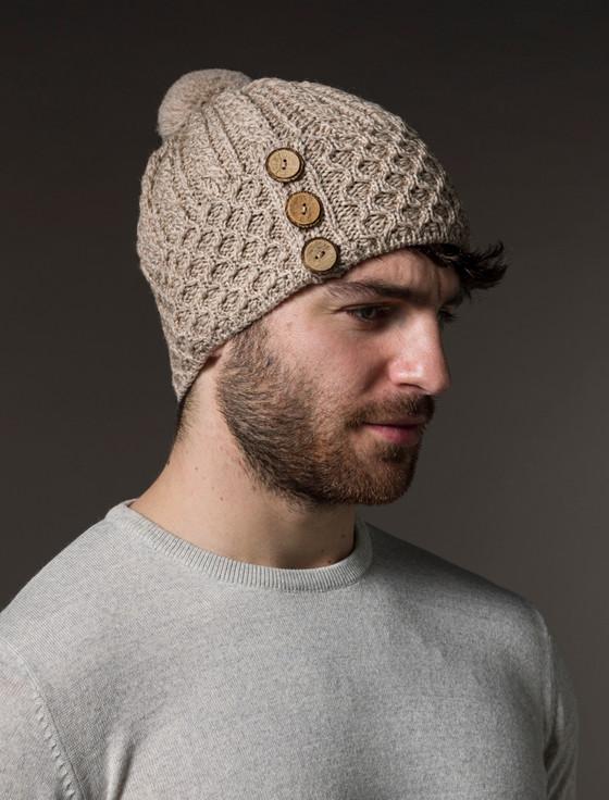 aran cashmere Men's Merino Honeycomb Pom Po‎‎m Hat