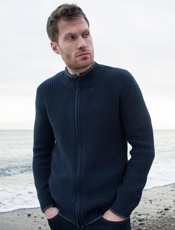 Aran Cashmere Men's Merino Wool Ri‎bbed Cardigan