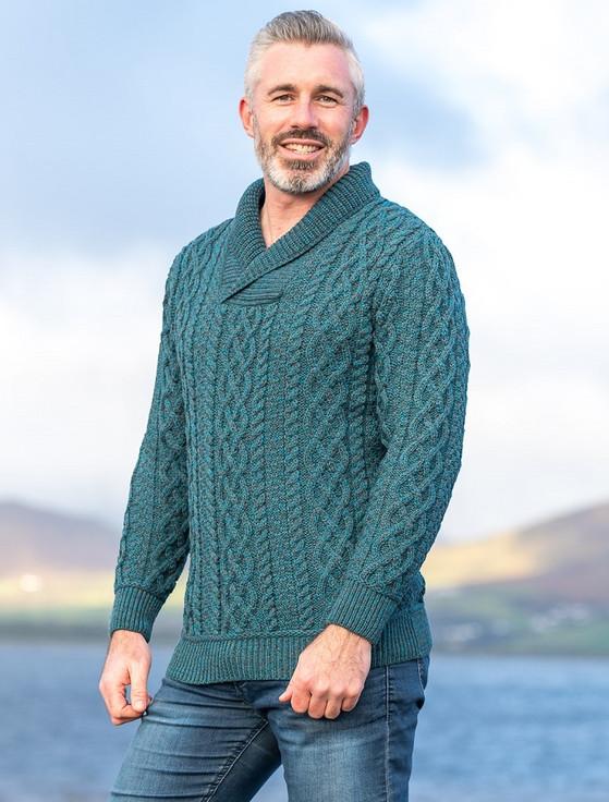 Aran Cashmere Men's Shawl Collar Aran Swea‎ter