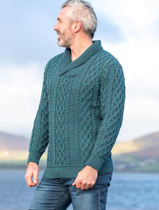 Aran Cashmere Men's Shawl Collar Aran Swea‎ter
