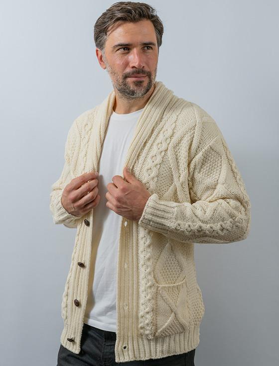 Aran Cashmere ‎Men's Shawl ‎Neck Diamond Ca‎rdigan