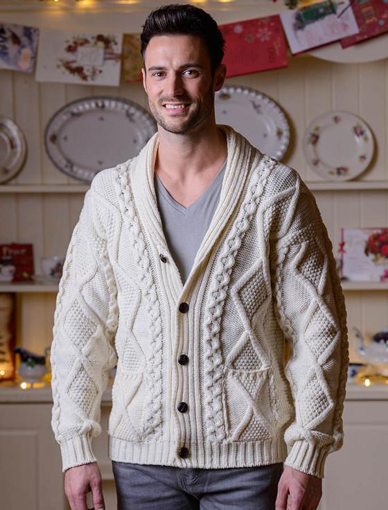 Aran Cashmere ‎Men's Shawl ‎Neck Diamond Ca‎rdigan