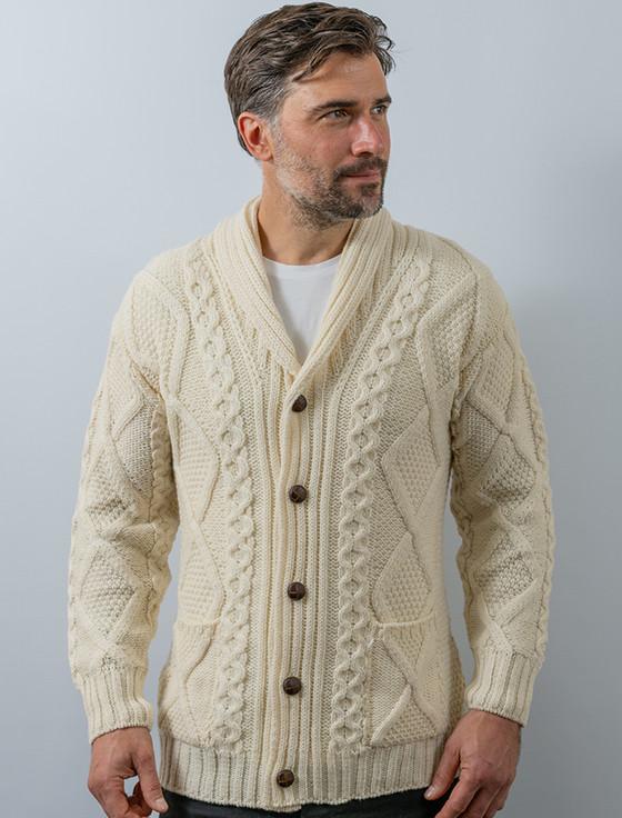 Aran Cashmere Men's Shawl Neck Diamond Cardigan