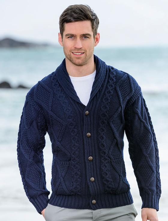 Aran Cashmere ‎Men's Shawl ‎Neck‎ Diamond Cardigan