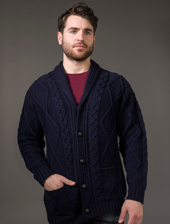 aran cashmere ‎Men's Shawl ‎Neck‎ Diamond Cardigan