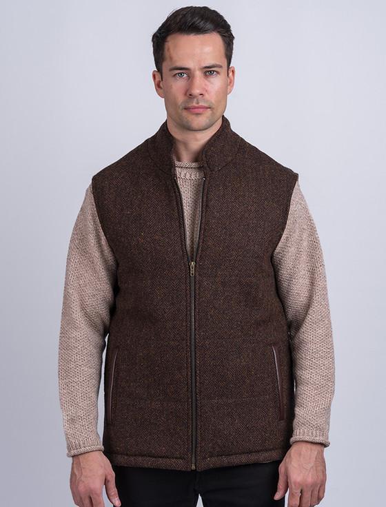 Aran Cashmere Men's Tweed & Leather Gilet - Mid Brown