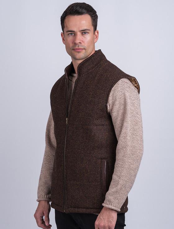 Aran Cashmere Men's Tweed & Leather Gilet - Mid Brown