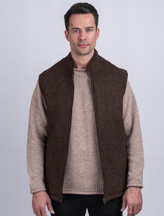 aran cashmere Men's Tweed & Leather Gilet - Mid Brown