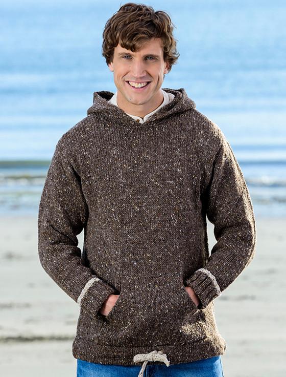 Aran Cashmere Men's Wool Hoodie With Pouch Pocket