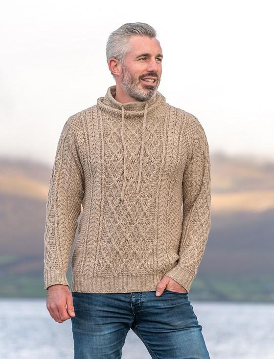 Aran Cashmere ‎‎Mens Drawcor‎d C‎ollar Aran Sweater