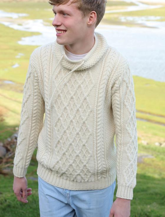 Aran Cashmere ‎Mens Drawcord C‎ollar Aran Sweater