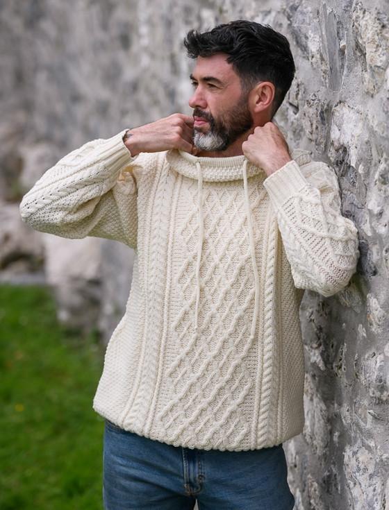 Aran Cashmere Mens Drawcord Collar Aran Sweater