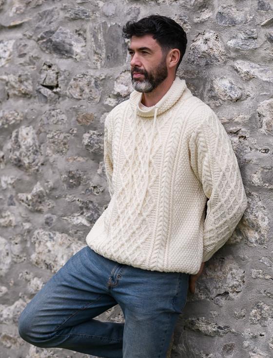 Aran Cashmere Mens Drawcord Collar Aran Sweater