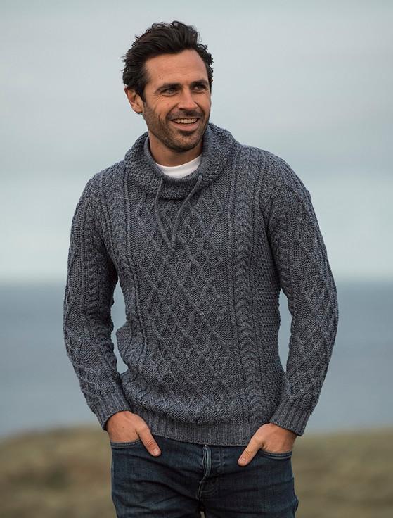 Aran Cashmere ‎Mens Drawcord Collar Aran Sweater