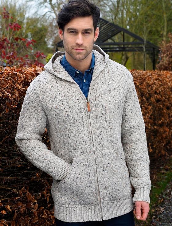 Aran Cashmere ‎Mens Hood‎e‎d Aran Cardigan