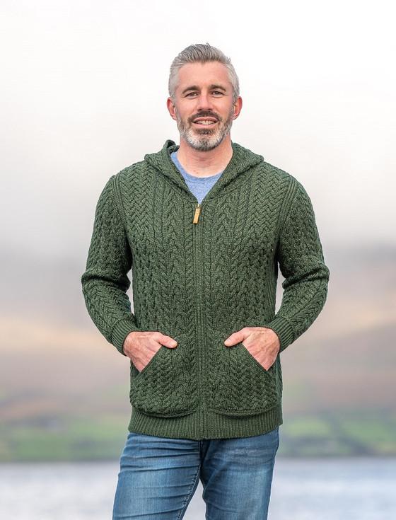 Aran Cashmere Mens Hood‎ed Aran Cardigan