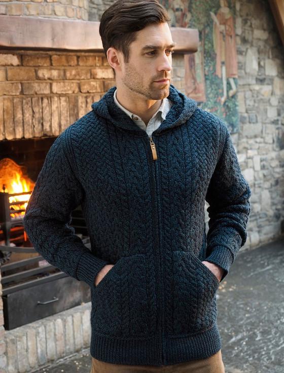 Aran Cashmere Mens Hooded Aran Cardigan