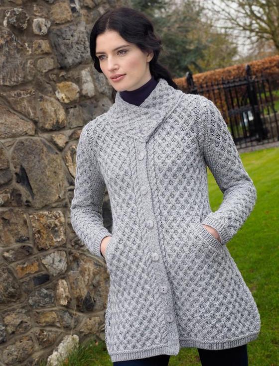 aran cashmere Merino Cross Over Neck Aran Coatigan