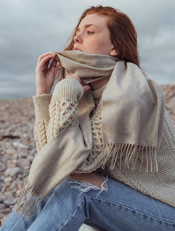 Aran Cashmere Merino Scarf - Oatmeal & Natural White