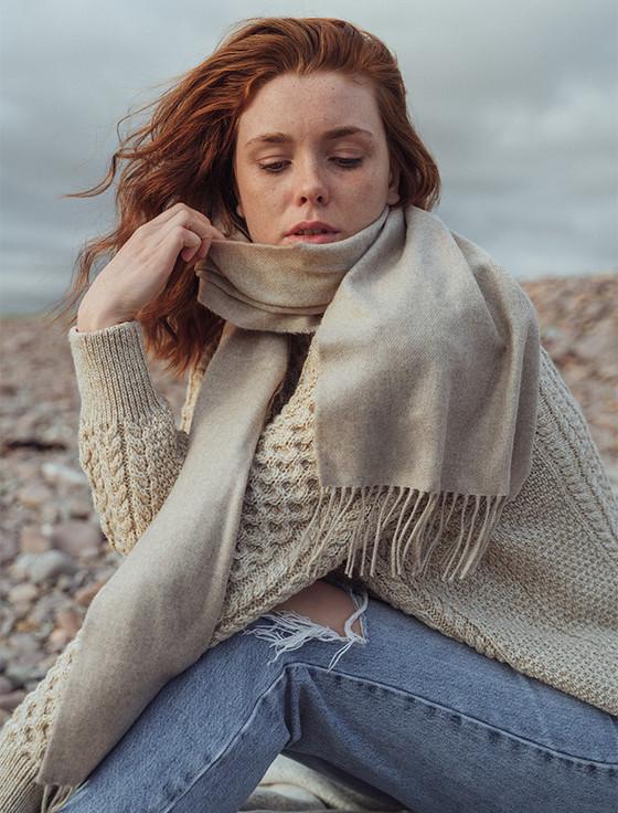 aran cashmere Merino Scarf - Oatmeal & Natural White