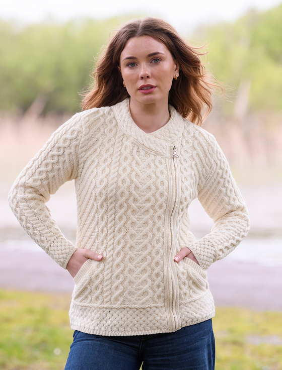 Aran Cashmere Merino Wool Side Zip Aran Cardigan‎‎